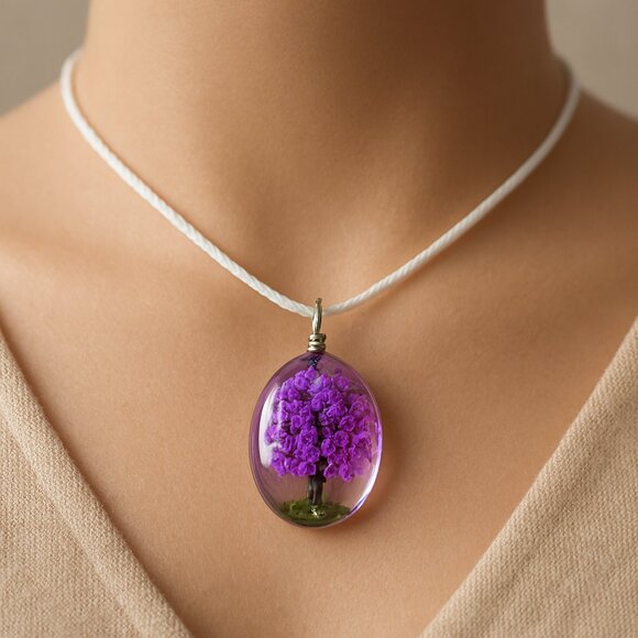 Oval Resin Purple Floral Tree Pendant Necklace 18" White Cord Fashion Jewelry - Picture 1 of 7